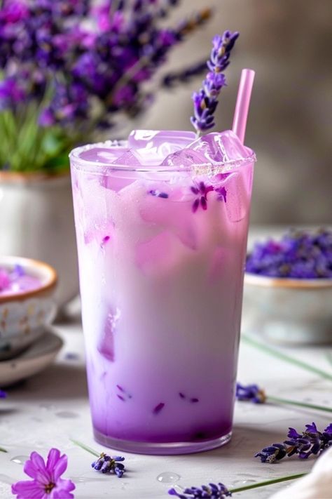 Lavender Milk Tea Recipe - A Creamy and Soothing Delight! Lavender Drink Recipes, Cute Coffee Drinks, Tea Latte Ideas, Cafe Drinks Ideas, Cute Drinks Aesthetic, Lavender Tea Recipe, Milk Drink Recipes, Lavender Drinks, Lavender Milk Tea