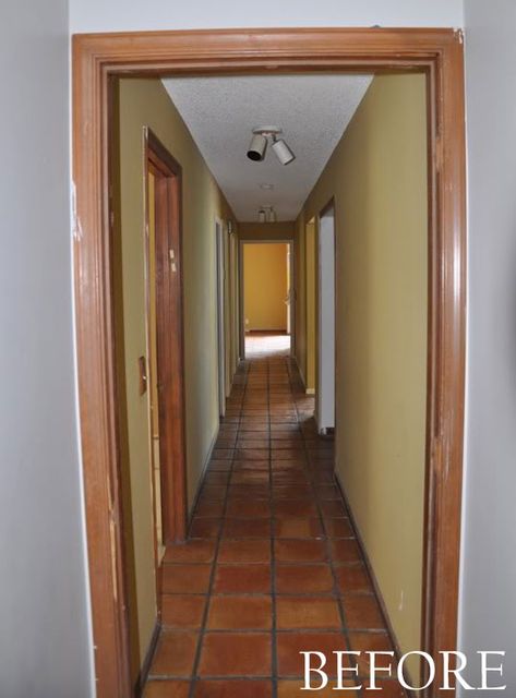 Hallway Fixtures, How To Brighten A Dark Hallway, Brighten Up A Dark Hallway, Brighten Dark Hallway, Long Dark Hallway, Hallway Makeover Before And After, Long Narrow Hallway Ideas, Statement Hallway, Dark Hallway Ideas