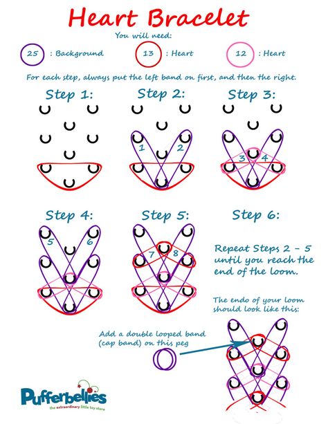 Rainbow Loom Heart Bracelet – Written Instructions – Pufferbellies Toys & Books Wonder Loom Patterns, Rainbow Loom Strawberry, Love Braid Rainbow Loom, Rainbow Loom Designs Step By Step, Rainbow Loom Tutorials Step By Step Easy, Rainbow Loom Heart Bracelet, Rainbow Loom Patterns Step By Step, Rainbow Loom Tutorials Step By Step, Rainbow Loom Bracelets Color Ideas