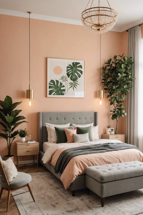 Oasis Apricot Bedroom Walls, Salmon Pink Room, Salmon Wall Color, Salmon Color Bedroom, Salmon Bedroom, Layered Bedding Ideas, Peach Bedroom, Bedroom 2024, Loft Style Bedroom