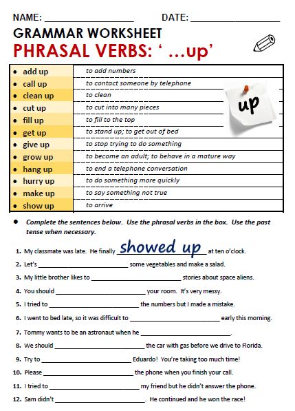 Phrasal Verbs with 'Up' - All Things Grammar Phrasal Verbs With Up, English Grammar Test, English Grammar Exercises, English Grammar Rules, English Teaching Materials, English Worksheet, English Exercises, Verb Worksheets, English Grammar Worksheets