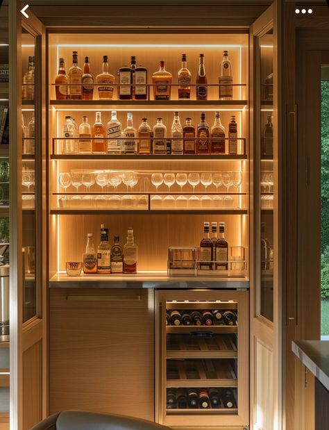 Bookshelf And Bar, Bar Ideas For Home Dining Room, Kitchen Drinks Station, Alcove Bar Ideas, Bar Ideas Apartment, Book Shelf Lighting, Bookshelf Bar Ideas, Diy Bar Ideas For Home, Build In Bar