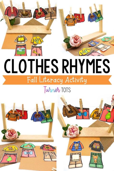 Get string and clothespins out to create a clothesline for this preschool rhyming activity. Each clothing item has a different image on it. Preschoolers will pair up the images that rhyme to make a fall outfit ready to be hung on the clothesline. This fall rhyming activity practices rhyming words but also develops fine motor skills as they clip the clothes to the line. The perfect literacy activity for fall! Clothing Activities For Preschool, Fall Rhyming, Fall Alphabet Activities, Preschool Rhyming, Fall Literacy Centers, Letter Identification Activities, Rhyming Pairs, Fall Lesson Plans, Literacy Activities Preschool