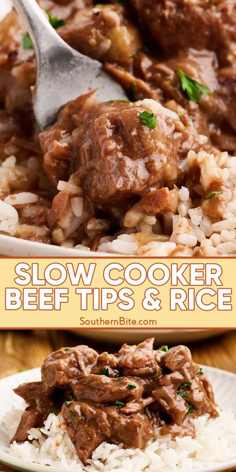 Slow Cooker Beef Tips and Rice is the perfect recipe for busy weeknights! Dump all the ingredients in the slow cooker in the morning and come home to a ready-to-eat, delicious dinner. Beef Tips Rice And Gravy Crock Pot, Beef Tips In Crockpot Recipes, Crock Pot Beef Tip Recipes, Beef Tips Over Rice Crock Pots, Steak And Rice Crockpot Recipes, Easy Crockpot Recipes With Rice, Stew Beef And Rice Slow Cooker, Frozen Beef Tips In Crockpot, Beef Tips And Rice Crock Pot Recipes