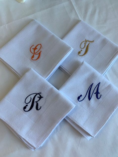 Excited to share this item from my #etsy shop: Set of 4 White Handkerchiefs - Custom Monogrammed - Personalized Hankie - Hanky Lot - Gift for Men - Accessories for Men #weddings #white #handkerchief #softhandkerchief #personalizedgift #groomsgift #weddinggift #embroideredgift #customhandkerchief Hankerchief Embroidered For Men, Mens Embroidered Handkerchief, Embroidery Designs For Men, Handkerchief Embroidery, Bano Qudsia, White Handkerchief, Best Embroidery Machine, Machine Embroidery Tutorials, Personalized Handkerchiefs