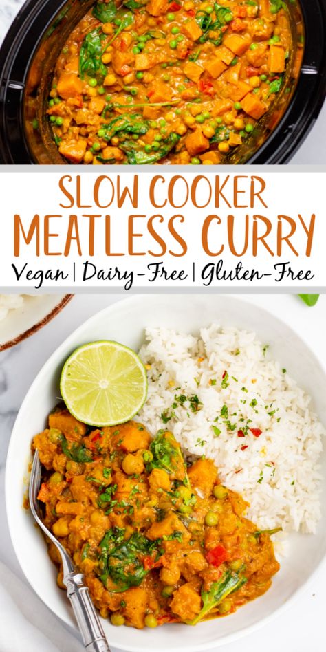 This slow cooker vegetable curry is the easiest set it and forget it meal. It's awesome for a meatless dinner or vegan lunch recipe that is simple to meal prep. It's also gluten-free and dairy-free, really filling and nourishing, and full of that comforting curry flavors you know and love! This crock pot curry uses a lot of pantry staple ingredients, so it's also a very budget friendly recipe! #slowcookercurry #vegancurry #meatless Vegan Insta Pot Meals, Slow Cooker Vegetable Curry, Crockpot Curry, Vegan Lunch Recipe, Crock Pot Curry, Crockpot Vegetarian, Crockpot Vegan, Slow Cooker Curry, Vegan Slow Cooker Recipes