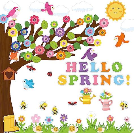 Amazon.com : MALLMALL6 162Pcs Classroom Tree Bulletin Board Decor Hello Spring Tree Chalkboard Wall Decorations Set with Cutout Flowers Snails Bees Ladybugs Birds for Kindergarten Elementary School Home Decor : Office Products Hello Spring Decor, Spring Decoration Ideas For Classroom, Birds For Kindergarten, Spring Boards For Preschool, Spring Decorations Kindergarten, Spring School Decorations, Tree Bulletin Board, Spring Classroom Decorations, Bulletin Board Tree