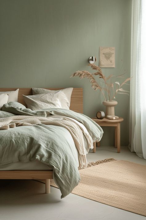 Calming Bedroom Lighting, Pale Green Walls Bedroom, Cozy Minimalist Bedroom Green, Natural Light Bedroom Aesthetic, Sand Walls Bedroom, Light Green Master Room, Natural Green Bedroom Ideas, Calm Master Room, Bedroom Calming Decor