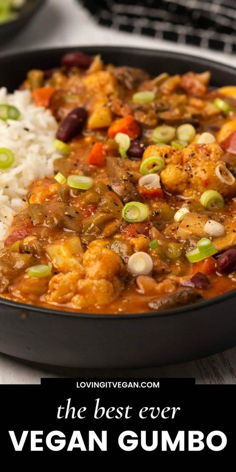 Fabulously hearty vegan gumbo with loads of flavor from a rich vegan roux and tons of veggies. Savory and delicious comfort food! | lovingitvegan.com Veggie Gumbo Recipe, Vegetable Gumbo Recipes, Vegan Gumbo New Orleans, Vegetarian Creole Recipes, Vegetarian Soul Food Southern Style, Southern Vegan Recipes, Vegan Creole Recipes, Vegan Southern Food, Vegan Caribbean Recipes