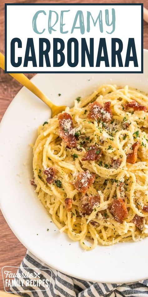 This Creamy Carbonara Pasta recipe is a simple, traditional Italian recipe. With bacon, garlic, and fresh Parmigiano Reggiano cheese, it is full of flavor. You will love the creamy sauce, crisp bacon, and tender pasta. This amazing pasta dish is the real deal straight from Italy – Pasta alla Carbonara! Cabonara Recipes, Creamy Carbonara Pasta, Carbonara Sauce Recipe, Carbonara Recipe Authentic, Carbonara Pasta Creamy, Carbonara Pasta Recipe, Carbonara Recipe Creamy, Bacon Pasta Recipes, Creamy Carbonara