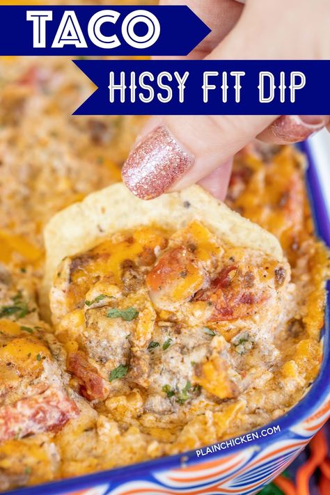 Taco Hissy Fit Dip Recipe - You will definitely throw a hissy fit if you miss out on this dip! Crazy good! Ground beef, taco seasoning, Rotel diced tomatoes and green chiles,  sour cream, Velveeta, muenster cheese. Can mix together and refrigerate a day before baking. Serve with chips and veggies! It is always gone in a flash! #dip #partyfood #taco #gameday #tailgating #tacodip #mexicanfood Easy Hot Taco Dip With Ground Beef, Taco Dip With Ground Beef, Hissy Fit Dip, Beef Taco Seasoning, Ground Beef Taco Seasoning, Football Friday, Best Dip Recipes, Ground Beef Taco, Taco Dip Recipe