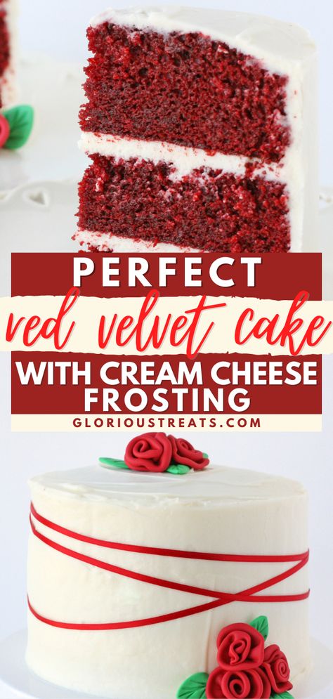 Perfect Red Velvet Cake with Cream Cheese Frosting, Valentine's dessert ideas, Valentine treats Homemade Red Velvet Cake, Light Chocolate Cake, Velvet Recipes, Red Velvet Birthday Cake, Best Red Velvet Cake, Cake Recipes For Beginners, Red Desserts, Cream Cheese Frosting Cake, 4 Cake