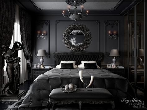 Elegant Black Bedroom.., mohd ashraf on ArtStation at https://www.artstation.com/artwork/8lRBRG Goth Glam Bedroom Ideas, Trim On Bedroom Walls, Faux Bedroom Fireplace, Black Aesthetic Interior, Black Victorian Bedroom, Dark Ceiling Bedroom, Vs Bedroom, Dark Elegant Bedroom, Bilik Tidur Kecil