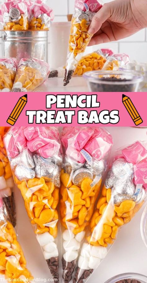 These Pencil Treat Bags are a cute and easy idea for back-to-school or classroom parties! The layers of snacks look just like a real pencil! Fun School Snacks For Kindergarten, Back To School Pencil Snack, Cute School Snack Ideas, Back To School Goody Bags For Students, First Day Snacks For Students, First Day Of School Goodies For Students, Pencil Goodie Bag, Pencil Snack Bag, Back To School Snack Ideas For Students