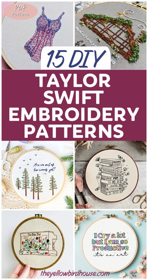 15 Fun DIY Taylor Swift embroidery patterns. The best and most beautiful DIY embroidery patterns to decorate the home of a Taylor Swift fan! Hand embroidery patterns for Swifties. Beginner friendly embroidery designs to download and make today. Taylor Swift themed DIY embroidery art. Taylor Swift Obsessed, Embroidery Designs Words, Taylor Swift 1989 Embroidery, Diy Embroidery Patterns Templates, Taylor Swift Lyric Embroidery, Easy Embroidery For Beginners Patterns, Embroidery Designs Taylor Swift, Taylor Swift Inspired Embroidery, Embroidery Patterns Funny