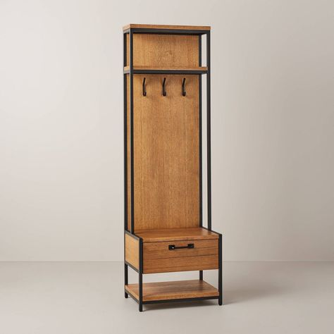 Modular Entryway Storage Cabinet with Hooks - Aged Oak - Hearth & Hand™ with Magnolia | Target Industrial Hall Tree, Entryway Storage Shelf, Magnolia Furniture, Vertical Storage Cabinet, Transitional Entryway, Shoe Rack Room, Entryway Storage Cabinet, Shoe Bench Entryway, Entry Storage