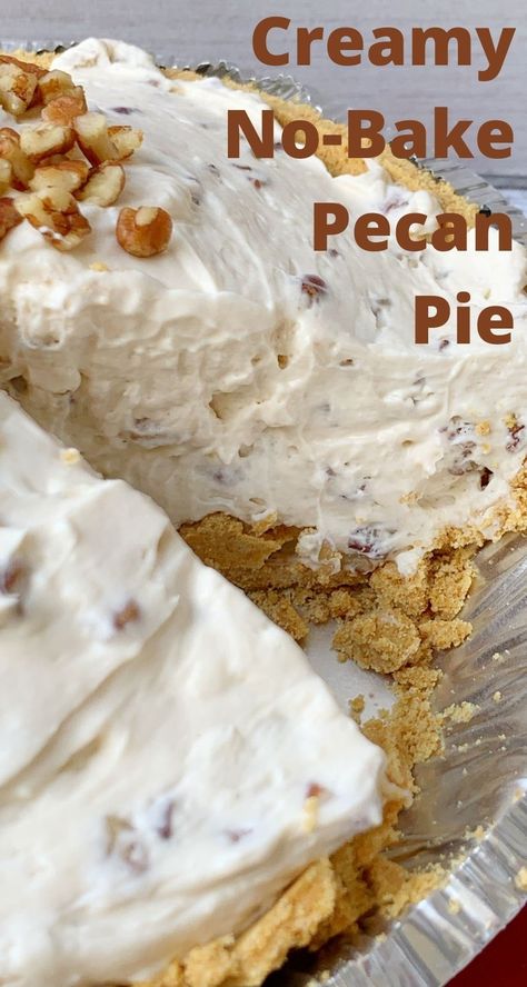 This decadent fall dessert is always a hit! No-Bake Creamy Pecan Pie has flavors of maple and brown sugar, with chopped pecans, in a creamy and decadent filling. #NoBakePie #PecanPie #ThanksgivingPie #ThanksgivingDessert #FallDessert #MapleRecipe Fluffy Pecan Pie, No Bake Pecan Cream Pie, Cashew Pie Recipe, Fluffy Pecan Pie Recipe, Whipped Pecan Pie, Pecan No Bake Cheesecake, Almond Joy Pie Recipe, No Bake Keto Pecan Pie Cheesecake, Cream Pecan Pie Recipe