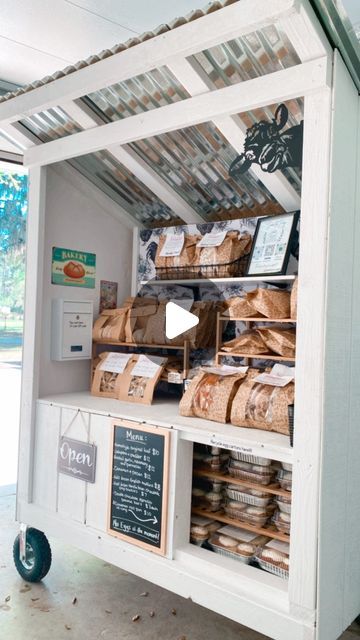 56K views · 3.5K likes | Megan Altman on Instagram: "Stocking my farm stand with all the sourdough goodies. Sold out in less than a hour today and I am so thankful! I love that everyone in my little town is obsessed with sourdough like me.   #microbakery #chickens #farmstandonwheels #farmstand #sourdough #sourdoughbread #sourdoughstarter #sourdoughbaking #farmstand #homemade #fresheggs #bakedgoods" Market Carts Farm Stand, Diy Farmstand Market Stands, Mobile Farmers Market Trailer, Farm Stand Products, Farmers Market Booth Ideas Design, Self Service Farm Stand, Diy Farmstand On Wheels, Bread Stand Display, Bake Stand Ideas