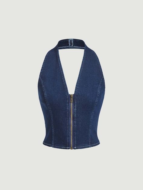 Zip Up Halter Neck Backless Denim Top Denim Halter Top, Halter Top Pattern, Street Style Outfits Casual, Denim Top Women, Moda Denim, Denim Diy, Halter Neck Top, Warm Outfits, Fashion Design Clothes