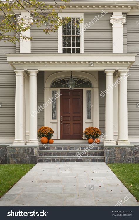 Front Door Of Home Showing Two Pillars With Arch And Twin ... Lake House Front Door, Colonial Front Door, House Pillars, Porch Pillars, Portico Design, Custom Exterior Doors, Exterior Door Designs, Colonial House Exteriors, Exterior House Colors Combinations