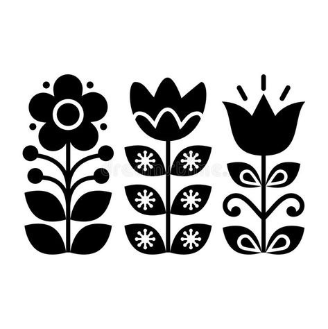 Photo about Tulips and flowers black retro background inspired by Scandinavian and Nordic art. Illustration of grow, monochrome, leaf - 82406720 Flowers Black Background, Traditional Folk Art, Swedish Folk Art, Folk Art Design, Motif Art Deco, Hand Carved Stamps, Folk Art Flowers, Folk Design, Nordic Art