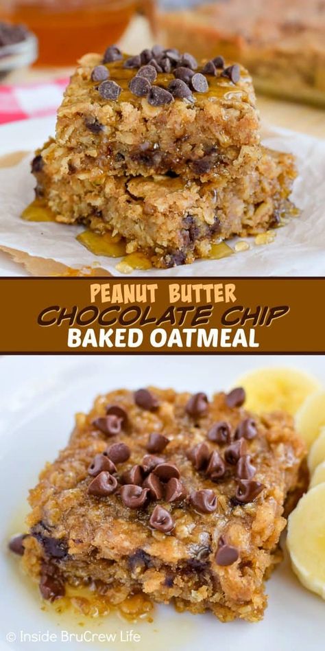 Oatmeal Recipes For Diabetics, Chocolate Chip Baked Oatmeal, Easy Baked Oatmeal, Baked Oatmeal Bars, Peanut Butter And Chocolate Chips, Breakfast Oatmeal Recipes, Amazing Breakfast, Baked Oatmeal Recipes, Peanut Butter And Chocolate