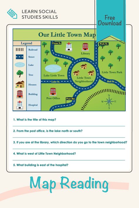 In this map reading worksheet, kids study a map containing familiar landmarks — like trees, buildings, and streets — to answer comprehension questions. #clicktolearn #maps #socialstudies #elementary #printable #worksheet #educationdotcom Reading Practice Worksheets, Reading Skills Worksheets, Map Skills Worksheets, Learning Maps, Visual Map, Visual Literacy, Map Worksheets, Map Reading, Map Skills