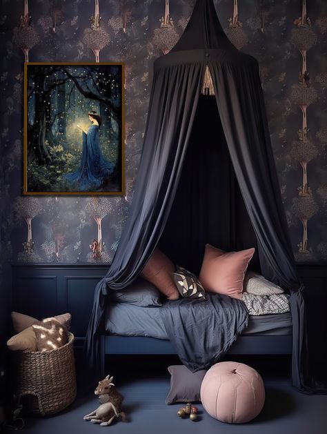 Magical blue nursery wall art Dark Navy Nursery, Fairy Nursery Baby Girl, Dark Nursery Ideas, Dark Blue Nursery, Forest Room Ideas, Enchanted Nursery, Girls Bedroom Color Schemes, Forest Room Decor, Gothic Nursery