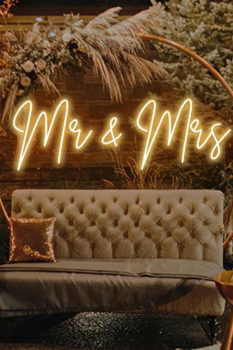 Neon Sign Custom Mr Mrs Neon Sign, Mr Mrs Letters Wedding Ideas, Wedding Decor Neon Sign, Light Up Sign Wedding, Mr And Mrs Aesthetic, Neon Signs Bedroom Couple, Mr And Mrs Signs For Wedding, Led Wedding Sign, Neon Signs Aesthetic