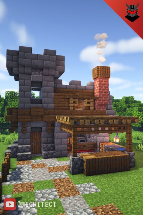 Smeltery Minecraft Design, Minecraft Smithy Ideas, Minecraft Blacksmith Forge Ideas, Minecraft Village Blacksmith, Blacksmith Minecraft Build, Minecraft Rustic House Ideas, Tool Smith House Minecraft, Minecraft Stone Mason Shop, Smithing House Minecraft