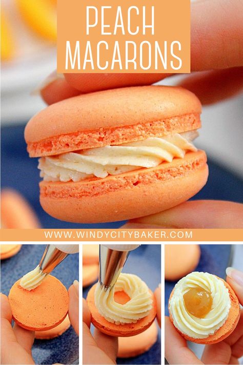 Peach Cobbler Macarons, Spring Macarons Flavors, Peach Macaroons Recipe, Fruity Macaron Flavors, Peach Macaron Filling, Macarons Fillings Recipe, Italian Macaroons Recipe, Italian Meringue Macaron, Macaroon Flavors Recipes