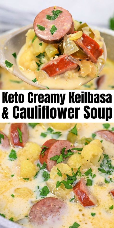 Keto Creamy Kielbasa and Cauliflower Soup #ketocreamykeilbasaandcauliflowersoup #creamykeilbasaandcauliflowersoup Creamy Kielbasa, High Protein Low Carb Recipes Dinner, Stylish Cravings, Sick Food, The Best Soup, Sausage Soup Recipes, Kielbasa Recipes, Creamy Cauliflower Soup, Best Soup