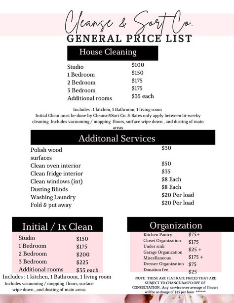 Housekeeping Price List, Cleaning Prices List, Move Out Cleaning Price List, Home Cleaning Business Ideas, House Cleaner Price List, Housekeeping Business Ideas, Cleaning Company Ideas, Cleaning Business Start Up Planning, Cleaning And Organizing Business