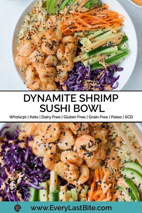 Paleo Shrimp Bowl, Sushi Recipes Bowl, Cauliflower Poke Bowl, Cooked Sushi Bowl, Non Fish Sushi Recipes, Shrimp Grain Bowl, Gluten Free Sushi Recipes, Gluten Free Bowl Recipes, Gluten Free Dairy Free Pescatarian Recipes