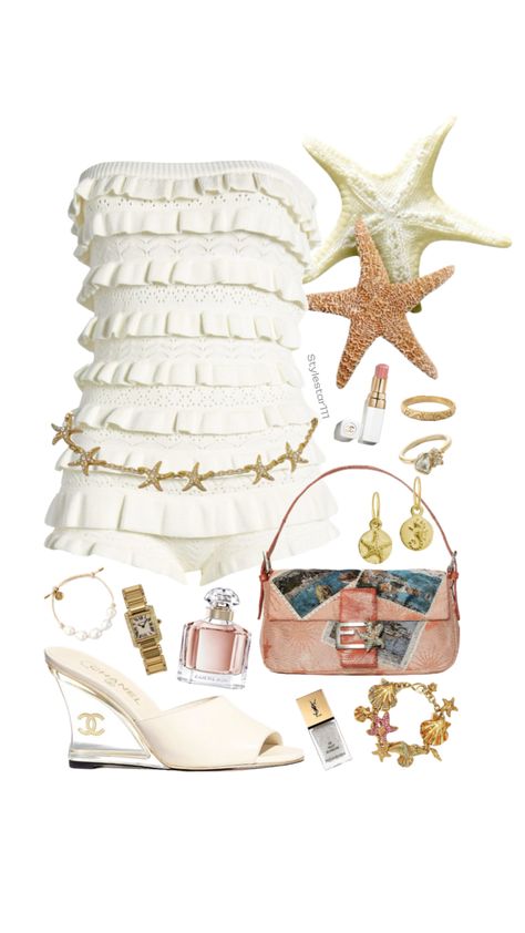 #collage #moodboard #outfitinspo #virtualstylist #seashell #ocean #gold #fashion #outfit Summer Outfit Collage, Starfish Embroidery, Euro Summer Outfit, Collage Fashion, Collage Moodboard, Summer Ocean, Euro Summer, Outfit Collage, Fashion Collage