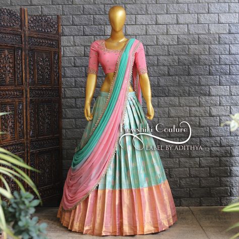 💖 Elegant Pink Kanchi Pattu Lehenga 💖⁠ Introducing our stunning Pink Kanchi Pattu Lehenga with a beautiful contrast Pastel Sea Blue Border, available for just ₹14,800! This lehenga comes with intricate handwork detailing on the blouse and is paired with a gorgeous dual-shade georgette dupatta. Perfect for marriage events and pooja ceremonies, it’s the ideal blend of tradition and elegance.⁠ ⁠ 📲 WhatsApp: +91 8125051875 to place your orders now!⁠ Pastel Pattu Saree, Blue And Pink Saree, Lehenga Blue, Pattu Lehenga, Half Saree Lehenga, Georgette Dupatta, Saree Lehenga, Blue Border, Contrast Blouse