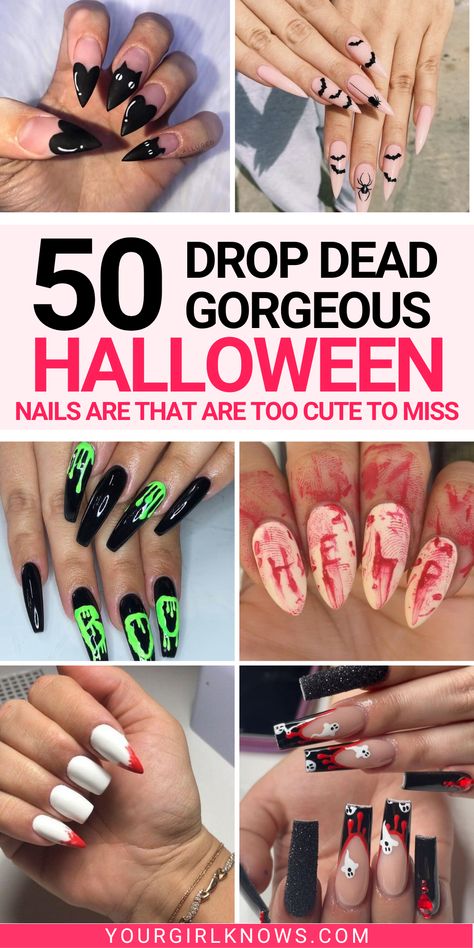 'Tis the season for all things spooky, but if you're looking for something a bit softer and cuter, check out these 50 incredibly INSANELY SPOOKY YET CUTE Halloween nails! Get creative and show off your spook-tacular style this Halloween with one of these fabulous nail designs! Short Pointed Halloween Nails, Halloween Nails Art Designs, Black Witchy Nail Designs, Goth Nails Almond Shape, Nails For Halloween Acrylic, Short Square Acrylic Nails Halloween, Horror Movie Nails Halloween, Halloween Horror Nights Nails, Spooky Season Nails Acrylic