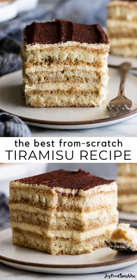 This authentic Tiramisu Recipe made completely from scratch. A creamy mascarpone filling sits between three layers of homemade lady fingers soaked in rum & coffee with a dusting of cocoa powder on top. It is seriously the absolute best tiramisu cake ever. Lady Fingers Recipe Tiramisu, Terimisu Cake, Thanksgiving Tiramisu, Homemade Tiramisu Recipe, Authentic Tiramisu Recipe, Lady Fingers Dessert, Authentic Tiramisu, Tiramisu Recipes, Best Tiramisu Recipe