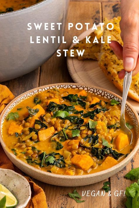 Vegetarian Sweet Potatoes Recipes, Butternut Squash Lentil Stew, Sweet Potato Kale Soup Slow Cooker, Green Lentil Sweet Potato Soup, Sweet Potato Kale Curry, Stew Sweet Potato, Kale Lentil Recipes, Lentil Potato Stew, Vegan Lentil Potato Soup