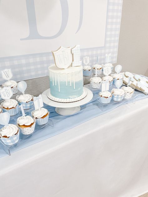 Gingham Birthday Cake, Gingham Party Decor, White 1st Birthday Party, Gingham Birthday Party, Birthday Cake 1st, Gingham Party, First Birthday Winter, White Party Theme, Light Blue Gingham