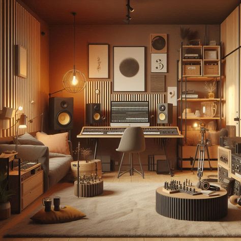 Videographer Office Ideas, Boho Music Room, Music Practice Room, Music Studio Room Aesthetic, Modern Music Room, Home Music Studio Ideas, Music Studio Decor, Home Studio Ideas, Home Music Rooms