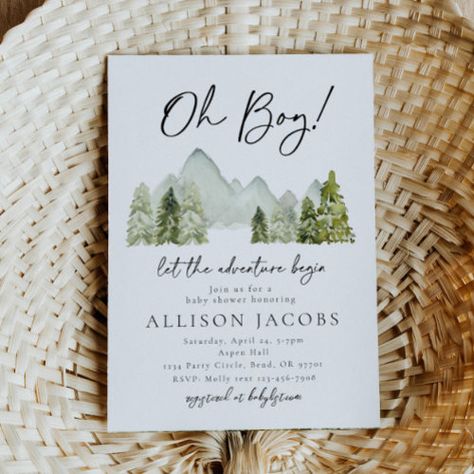 Adventure Baby Shower Invitation | Forest for $3.03 - Baby Shower Invitations The Adventure Begins Baby Shower Theme, Hiking Baby Shower Theme, Outdoorsy Baby Shower Ideas, Adventure Begins Baby Shower Ideas, Adventure Baby Shower Ideas, Baby Shower Adventure Theme, Mountain Themed Baby Shower Ideas, Adventure Theme Baby Shower Ideas, Our Greatest Adventure Baby Shower Theme