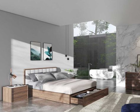 Charlotte Bed with Hunter Nightstand - Staged - Monaco White Low Profile Bed Frames, Modern King Bed Storage, Modern Solid Wood Bed, Wood Platform Bed With Storage, Low Bed Master Room, West Elm Andes Side Storage Bed, King Bed Minimalist, Storage Bed Design Modern, Modern Bed With Drawers