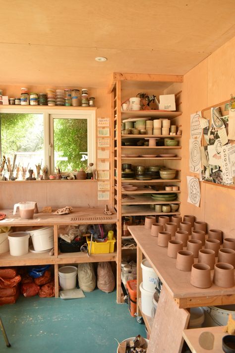 Busy pottery studio, wheel thrown mugs, ready to handle Garage Pottery Studio Setup, In Home Pottery Studio, Pottery Studio Shelving, At Home Ceramic Studio, Pottery Studio Shed, Pottery Home Studio, Home Pottery Studio Setup, Pottery Room Ideas, Pottery Room Ideas Design Studios