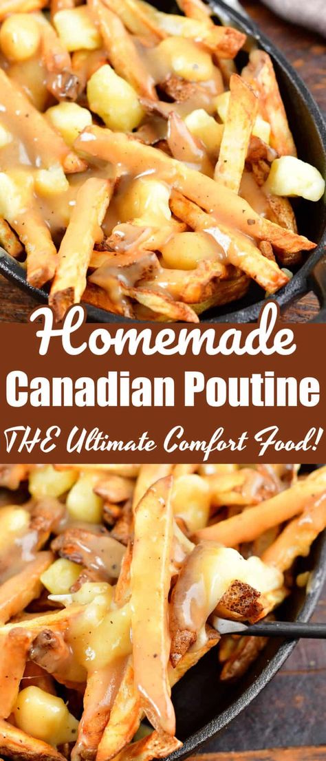 Poutine is the most incredible comfort food and it is made with only three simple parts: homemade French fries, gravy, and cheese curds! Poutine Gravy Recipe, Fries And Gravy, French Fries With Cheese, Canadian Poutine, Poutine Fries, Gravy Fries, Poutine Recipe, Best French Fries, Canadian Dishes