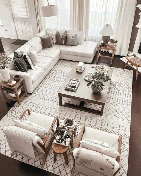 White Living Room Couch Ideas, Sectional And Couch Layout, All Living Room Ideas, Rugs And Pillows Living Room, High Back Couches Living Room, Living Room Designs Big Couch, Cozy Living Room Couch Ideas, Sectional With Chase Living Room Layout, White Sectional Living Room Decor