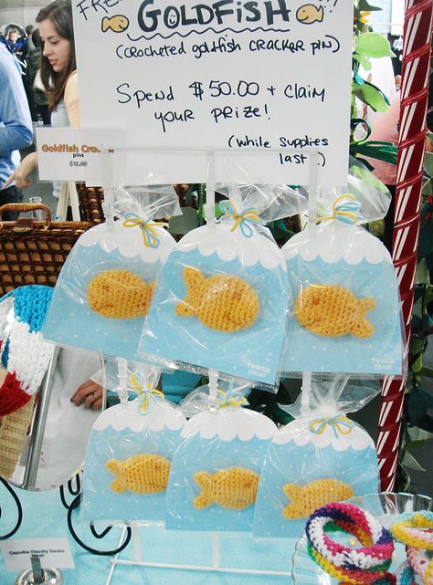 #crochet goldfish crackers via @Twinkie Chan Crochet Stuffed Animal Display, Things To Crochet For Craft Fair, Crochet Craft Fair Display Ideas, Amigurumi Craft Fair, Crochet Spring Craft Fair Ideas, Crochet Raffle Ideas, Display Crochet Items Craft Fairs, Craft Fair Crochet Display, Summer Craft Fair Ideas Things To Sell