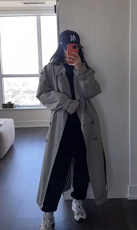 Trench Coat Tracksuit Outfit, Fits With Trenchcoat, Light Grey Trench Coat, Sweatpants Trench Coat, Black Knee Length Coat Outfit, Trench Coat With Sweatpants, Airport Trench Coat Outfit, Grey Raincoat Outfit, Charcoal Trench Coat Outfit