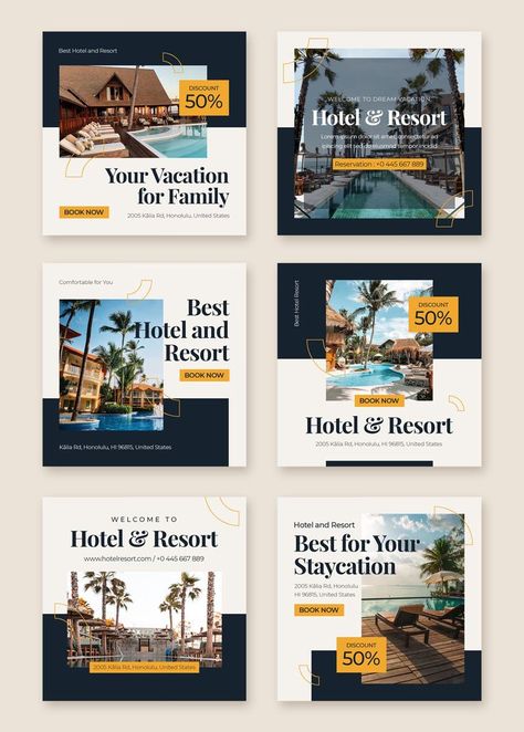 Hotel & Resort Instagram Post Templates PSD Resort Marketing Ideas, Hotel Instagram Post Design, Resort Promotion Design, Resort Social Media Post Ideas, Hotel Social Media Post Design, Hotel Instagram Post Ideas, Hotel Instagram Feed Ideas, Hotel Ads Design, Hotel Post Design