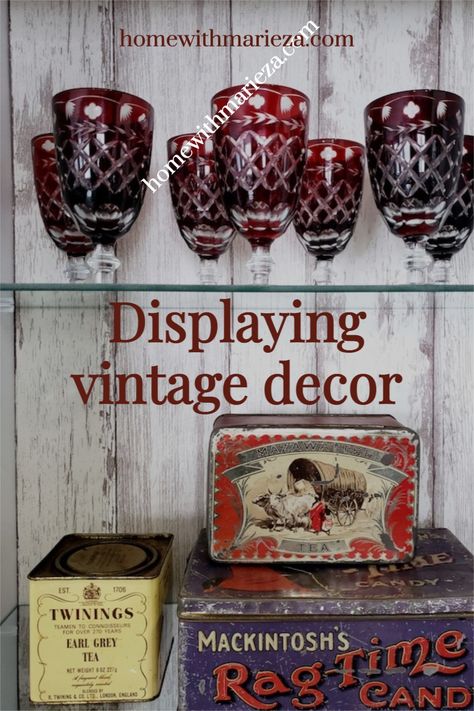 Decorating with vintage finds #vintage #styling #ideas #home decor #ornaments Decorating With Vintage Items Antiques, Carnival Glass Display Ideas, Vintage Coffee Table Decor Ideas, Silver Trays Decor Ideas, Home Decor Ideas Vintage, Silver Tray Decor, Vintage Living Room Ideas, Basket Decor Ideas, Vintage Home Interior